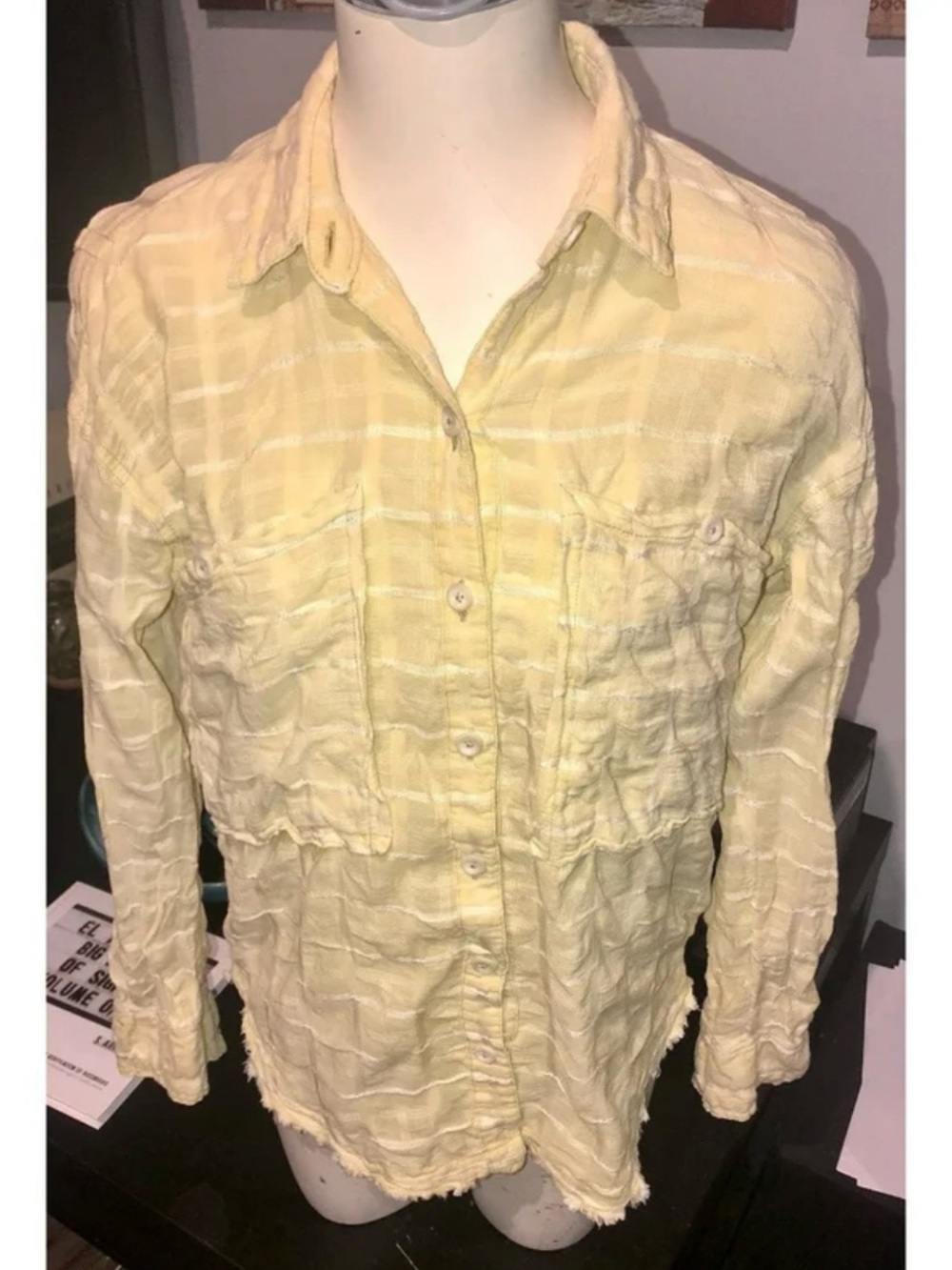 Free People Long-Sleeve Sheer Yellow Button-Up Top, Sz XS